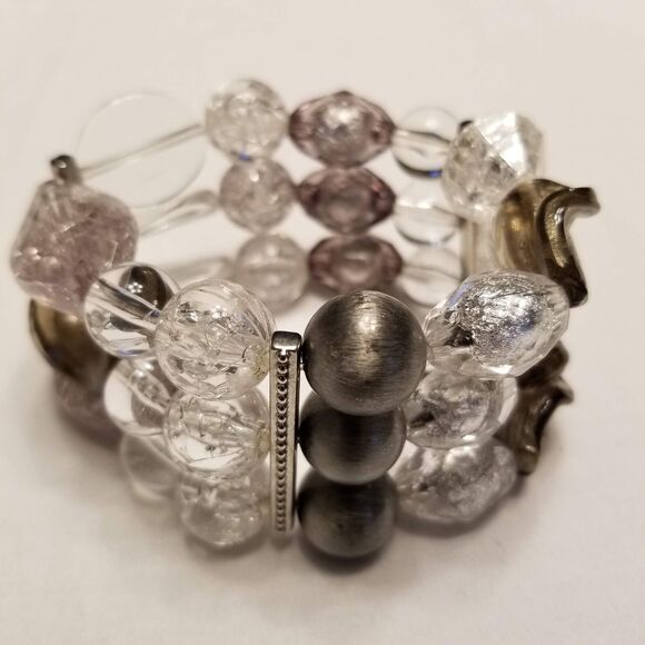 Vintage Chunky Lucite Beaded Statement Bracelet Clear Silver Smoky Y2K Boho Glam - Picture 1 of 7